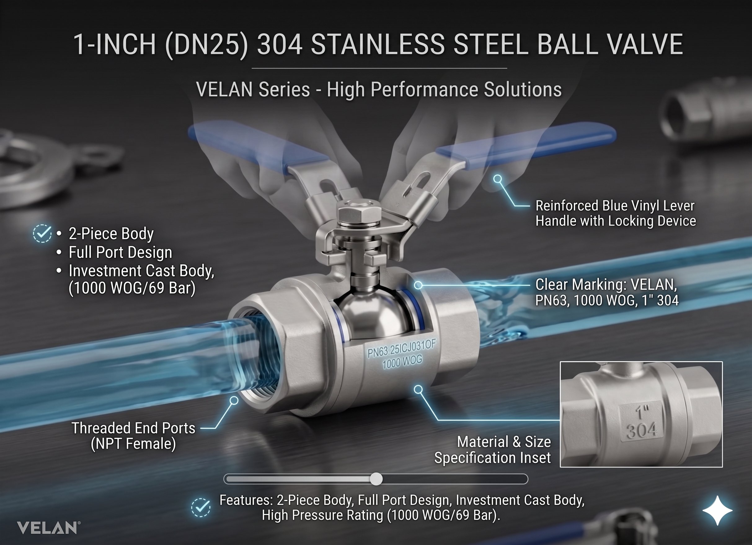 VELAN 304 Stainless Steel Ball Valve — Operational View